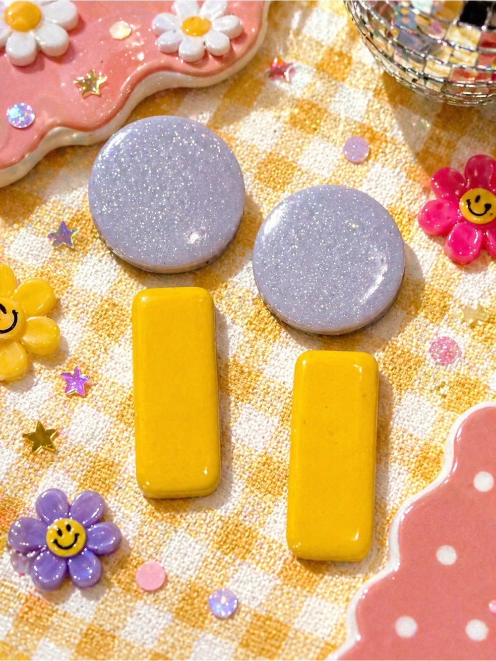 Handmade Glossy Lavender Circle & Mustard Yellow Rectangle Handmade Earrings